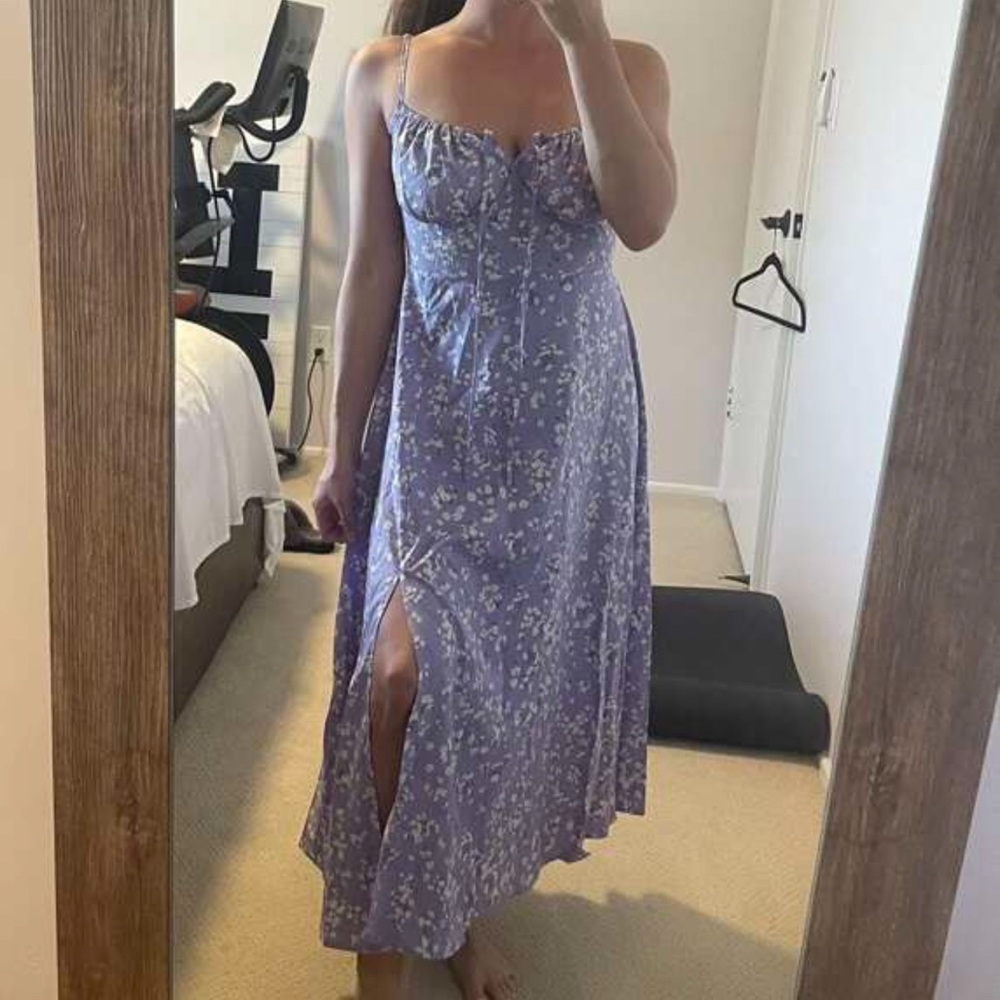 boho Floral Tie Front Ruched Bust Split Thigh Cami Dress purple - Picture 8 of 8